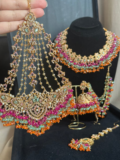 MAHROSH - Mehndi Bridal set includes: Necklace, Oversized Jhumar, Sahara Jhumke & Tikka | Customisation available