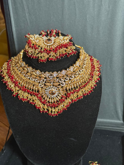KAINAT - Gold plated Bridal set | includes: necklace, jhumar, jhumke, tikka and nose ring! Pakistani bridal s