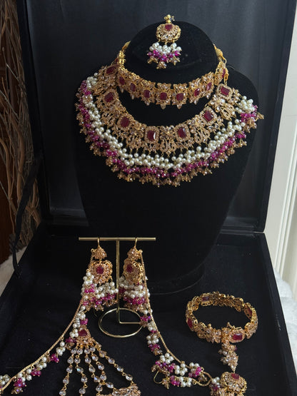 NIDA - Heavy bridal set | includes: necklace, choker, jhumar, earrings, tikka and a hand piece (HOT PINK)