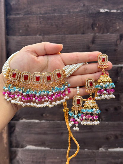 ALAYA - 30 colours available | Choker set with Jhumke and tikka