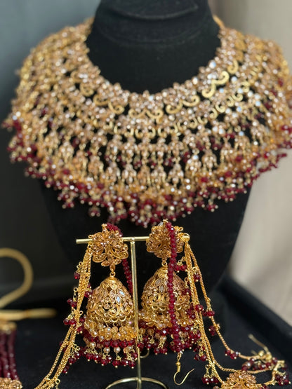SANWAL - 6 Pieces set | includes: Mala, Necklace, Jhumar, Jhumke, Tikka & Nose ring | available in Maroon Gold colour