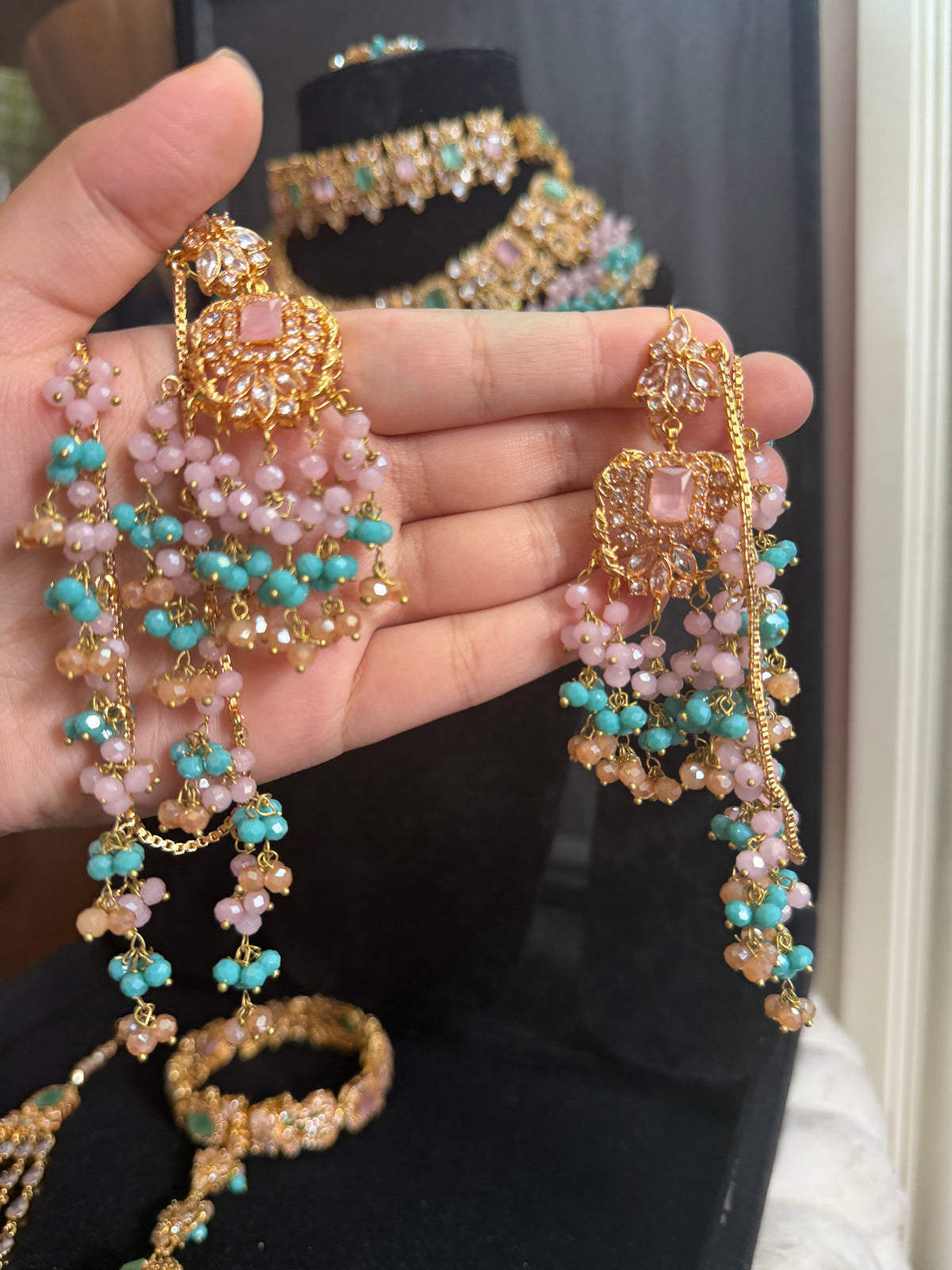 NIDA - Heavy bridal set | includes: necklace, choker, jhumar, earrings, tikka and a hand piece (light pink light blue)