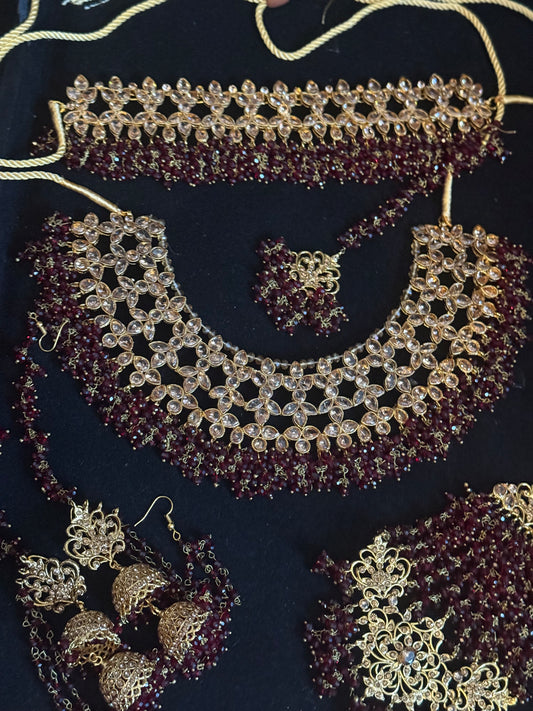 JANNAT - Heavy Bridal set | includes: choker, Necklace, jhumar, Jhumke and Tikka | Maroon colour available
