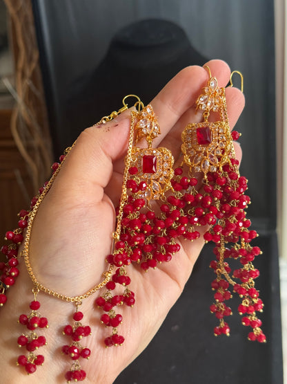 NIDA - Heavy bridal set includes: necklace, choker, jhumar, earrings, tikka and a hand piece (RED)