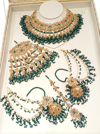 NUR - Heavy Bridal set includes: Necklace, Jhumar, Jhumke & Tikka | available in 3 Colours