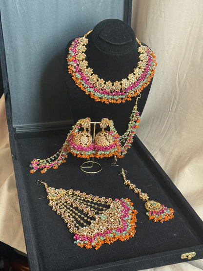 MAHROSH - Mehndi Bridal set includes: Necklace, Oversized Jhumar, Sahara Jhumke & Tikka | Customisation available